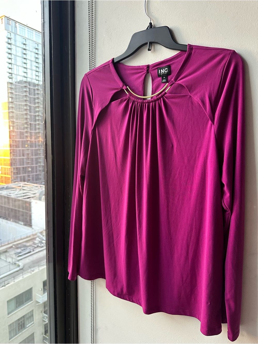 INC Women’s Shirt Size XL Fuchsia Long-Sleeve Top with Gold Accent